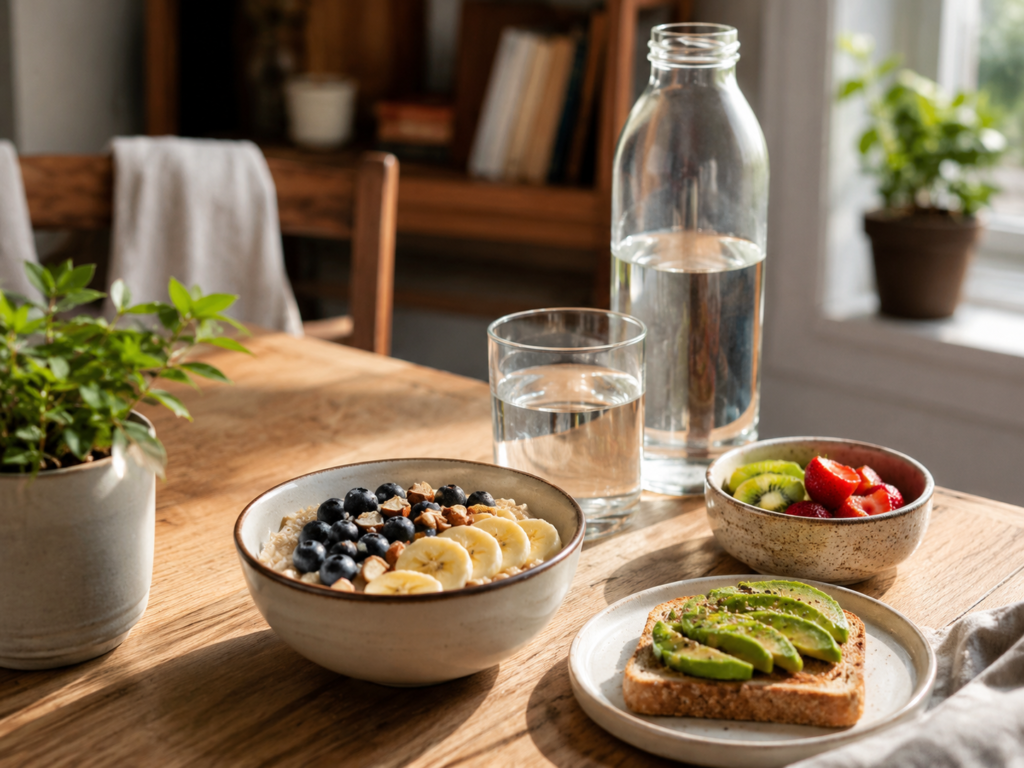 Café da manhã saudável com frutas, água e alimentos que ajudam nos hábitos simples para ter mais disposição.