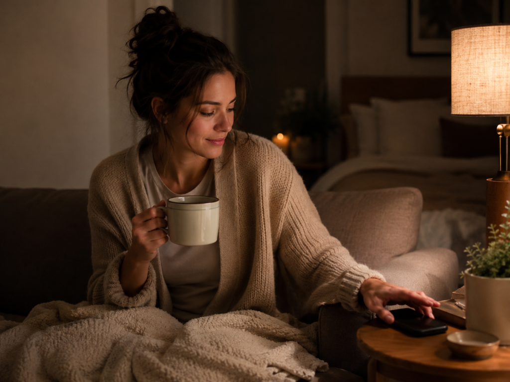 Mulher tomando chá à noite e afastando o celular para criar uma rotina de descanso.