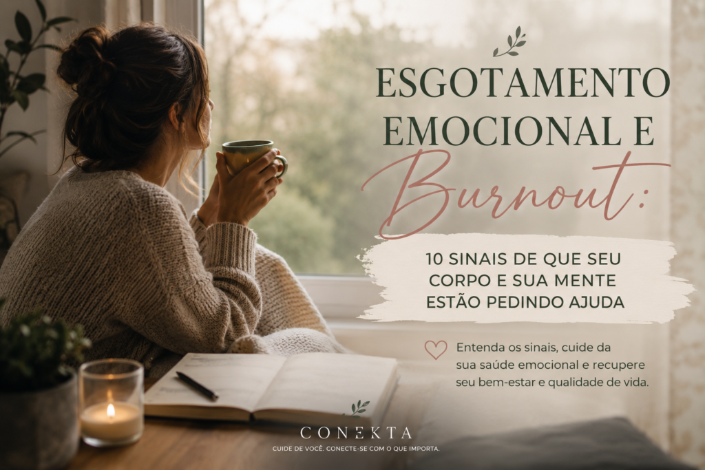 Esgotamento emocional e burnout: mulher refletindo próxima à janela segurando uma xícara de chá.