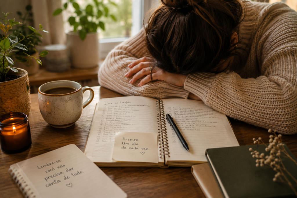 Mulher cansada apoiada sobre uma mesa com caderno e café, representando sinais de esgotamento emocional.