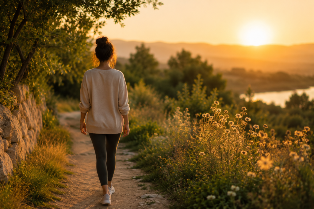 Mulher caminhando ao ar livre durante o pôr do sol, simbolizando bem-estar e equilíbrio emocional.