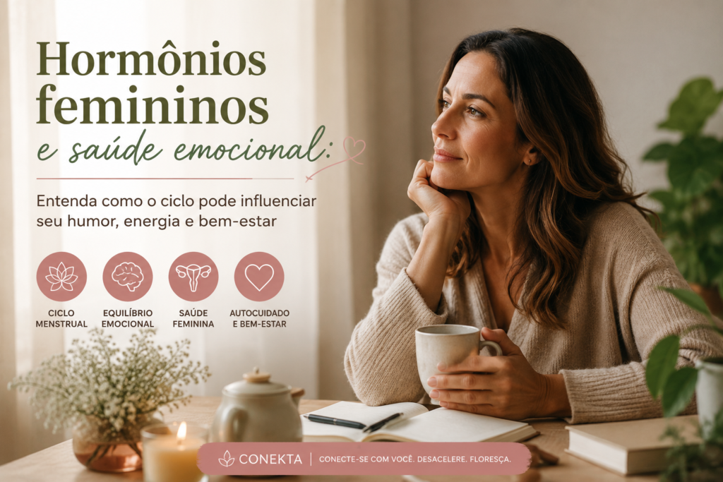 Mulher refletindo sobre hormônios femininos e saúde emocional.