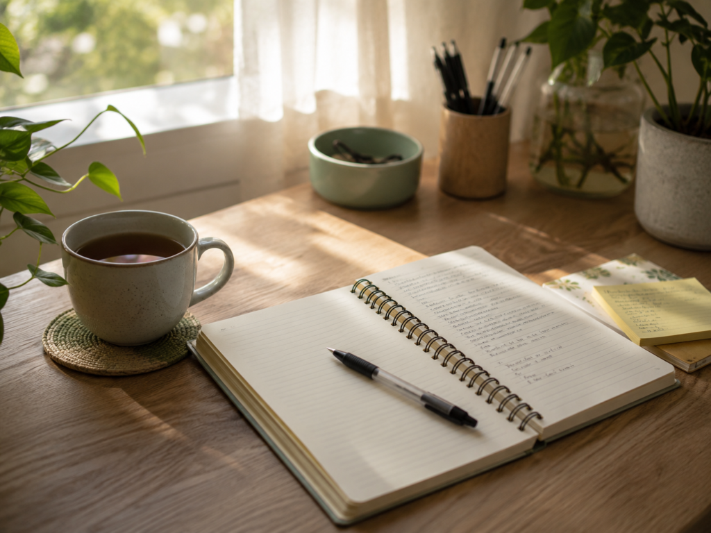 Mesa com caderno aberto, xícara e luz natural, representando pequenos começos e o processo de começar sem estar pronta.