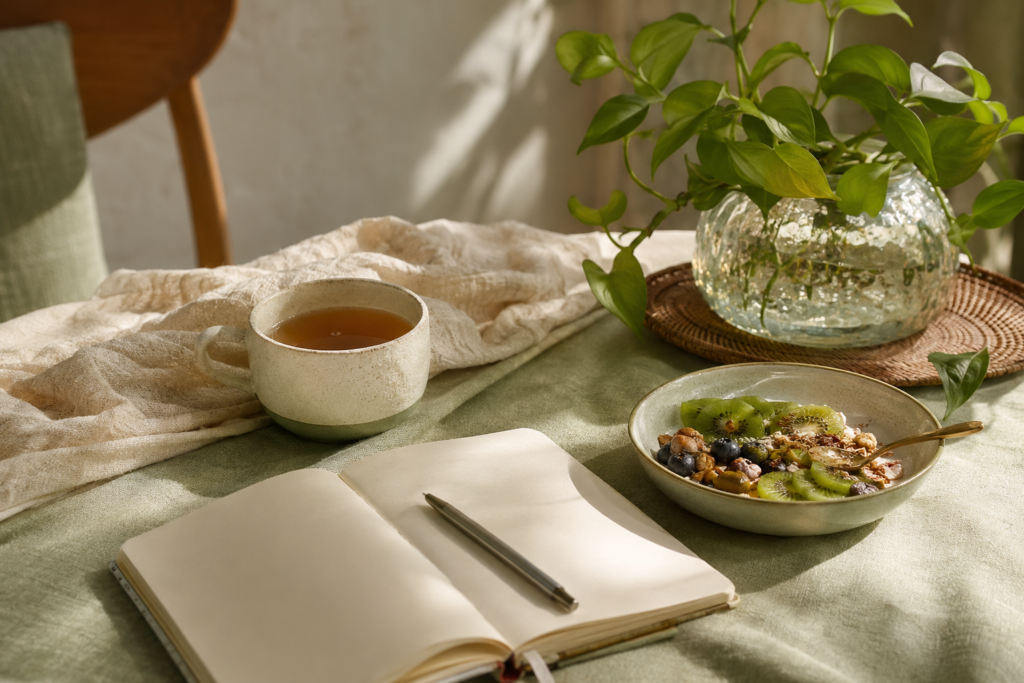 Mesa com chá, alimentação saudável e caderno representando uma rotina equilibrada
