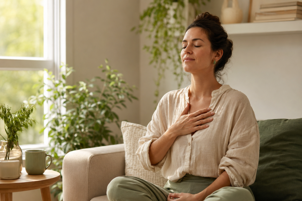 Mulher respirando com tranquilidade durante uma pausa de autocuidado