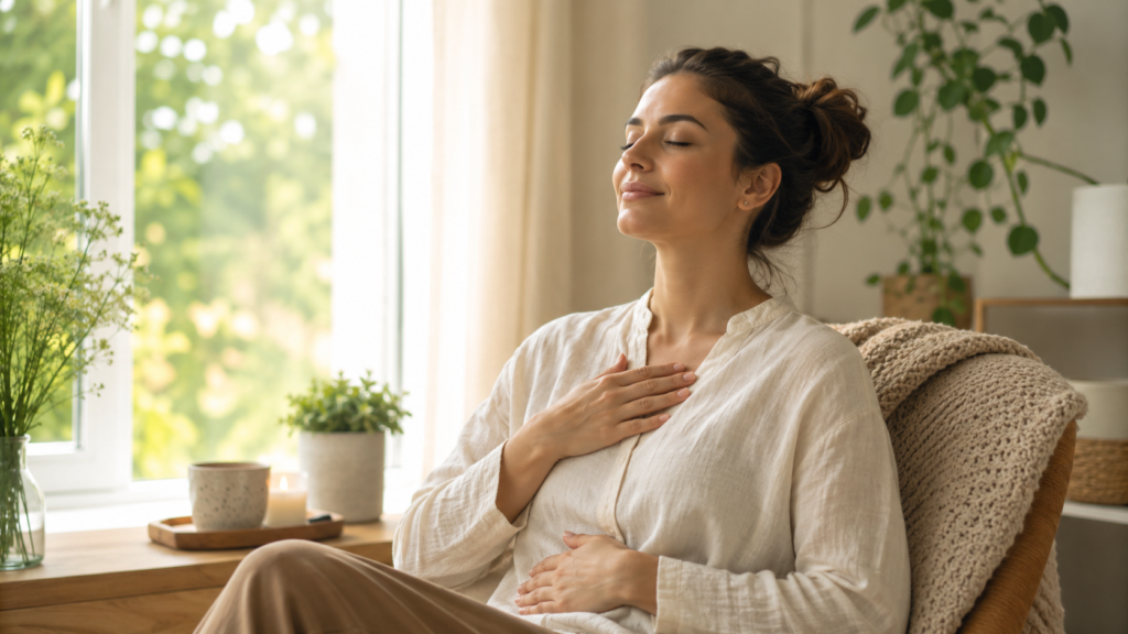 Mulher respirando com calma em um momento de paz interior