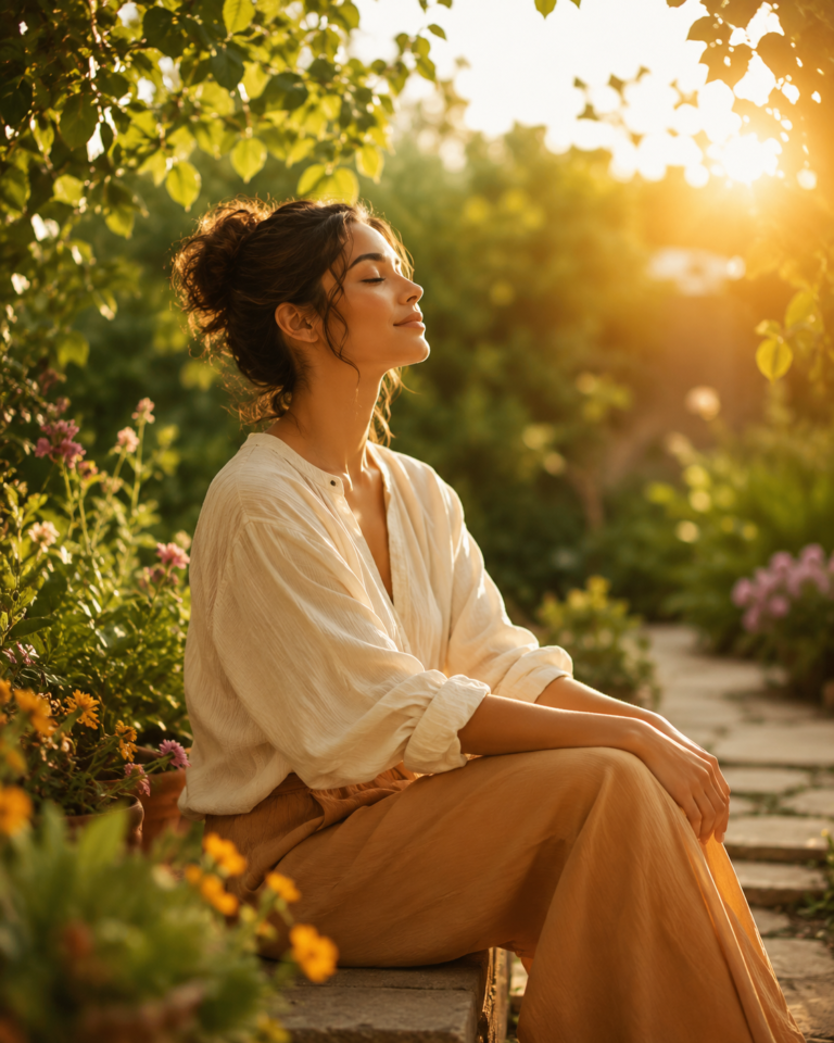 Mulher cultivando esperança e tranquilidade em um jardim iluminado