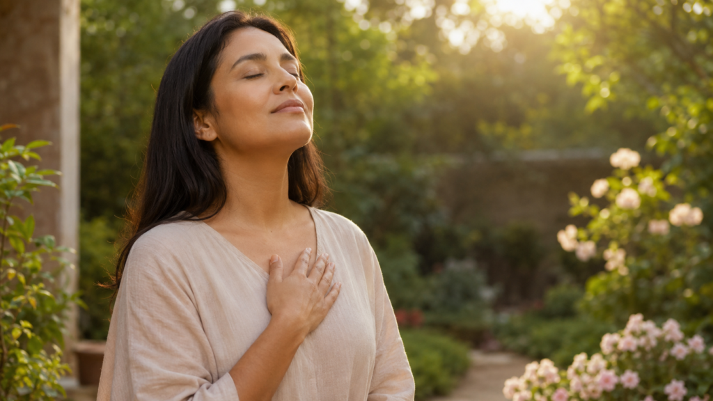 Mulher em um jardim, de olhos fechados e com a mão no peito, praticando gratidão.
