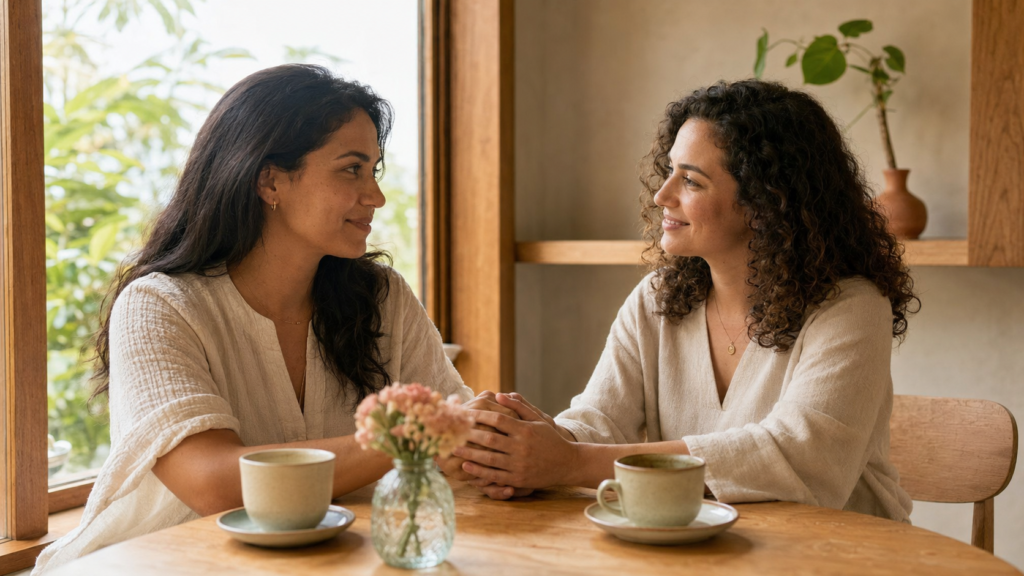Duas amigas demonstrando gratidão, carinho e acolhimento durante uma conversa