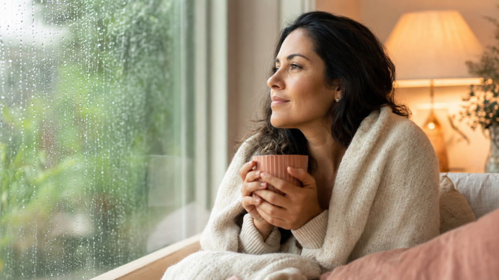 Mulher com uma caneca nas mãos observando a chuva pela janela em um momento de reflexão.
