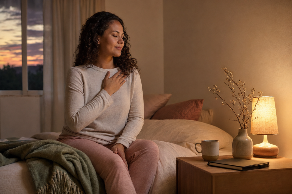 Mulher em um quarto acolhedor fazendo uma pausa tranquila ao final do dia
