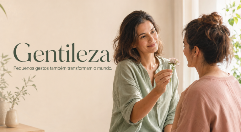 Duas mulheres demonstrando gentileza por meio da entrega de uma pequena flor.