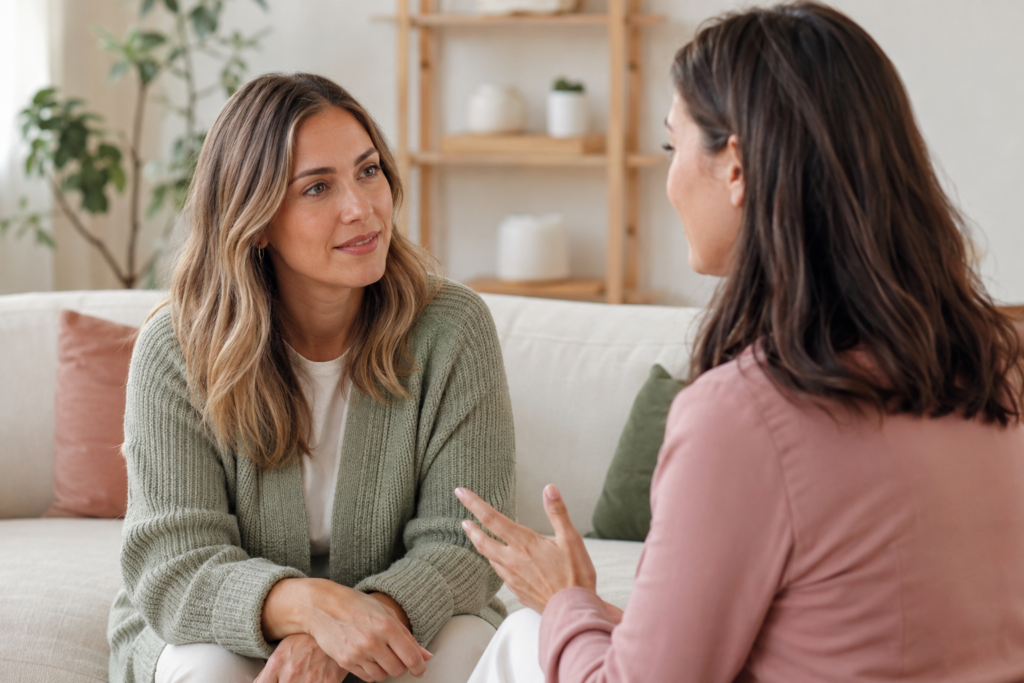 Mulher escutando outra pessoa com atenção e gentileza durante uma conversa.