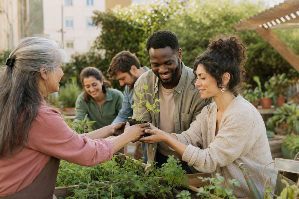 Grupo de pessoas compartilhando mudas e praticando gentileza em uma horta comunitária.