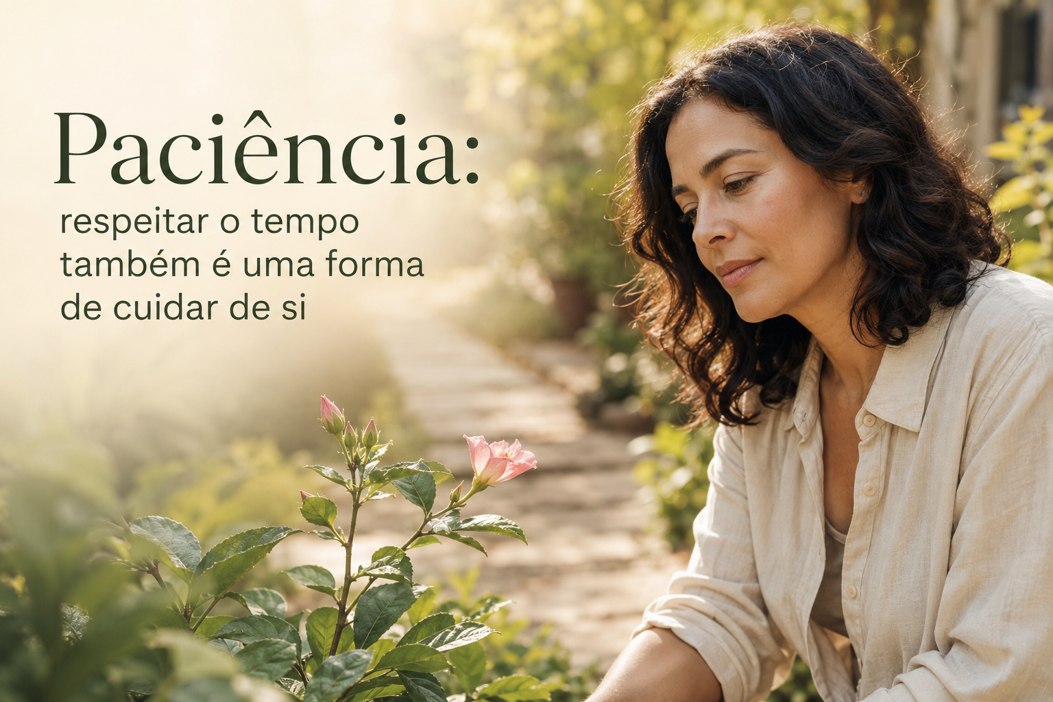 Mulher observando uma planta florescer, simbolizando paciência e respeito pelo próprio tempo.