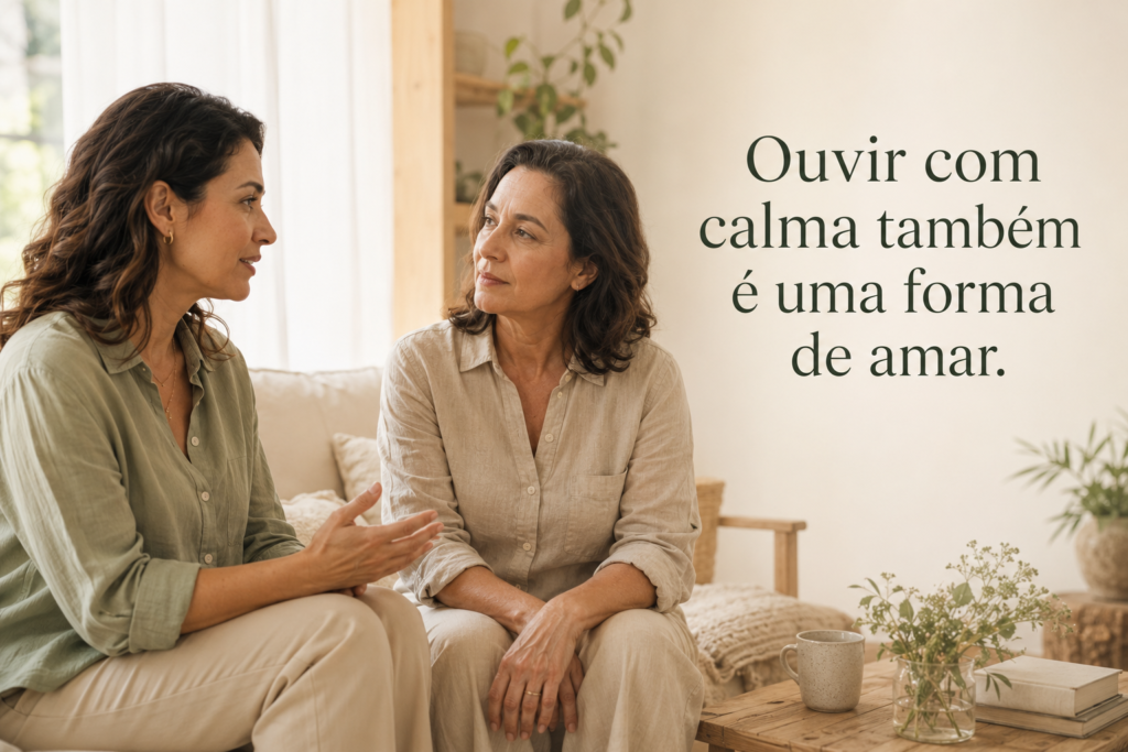Duas mulheres conversando com calma, simbolizando paciência nos relacionamentos.