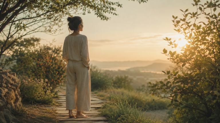 Mulher contemplando o nascer do sol em meio à natureza e buscando equilíbrio na vida