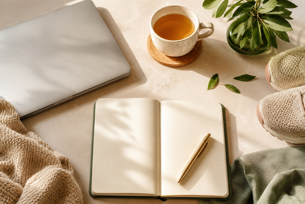 Caderno, computador, chá e tênis representando equilíbrio entre trabalho, organização e autocuidado