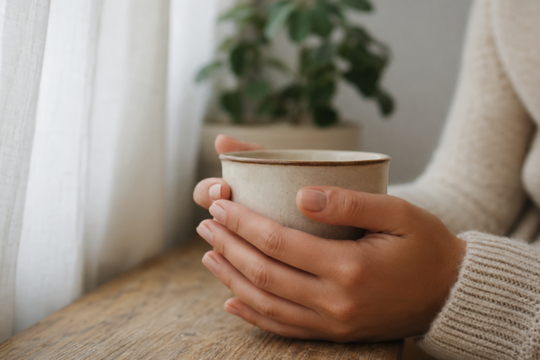 Mãos segurando uma xícara durante uma pausa consciente perto da janela