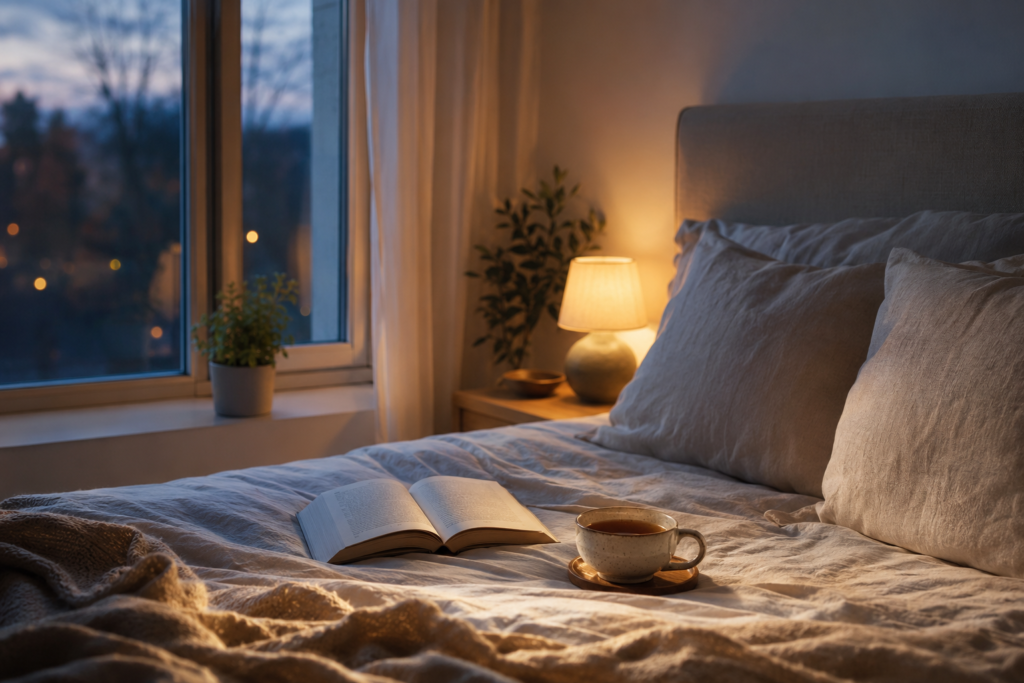 Quarto acolhedor com livro e chá preparado para uma noite tranquila