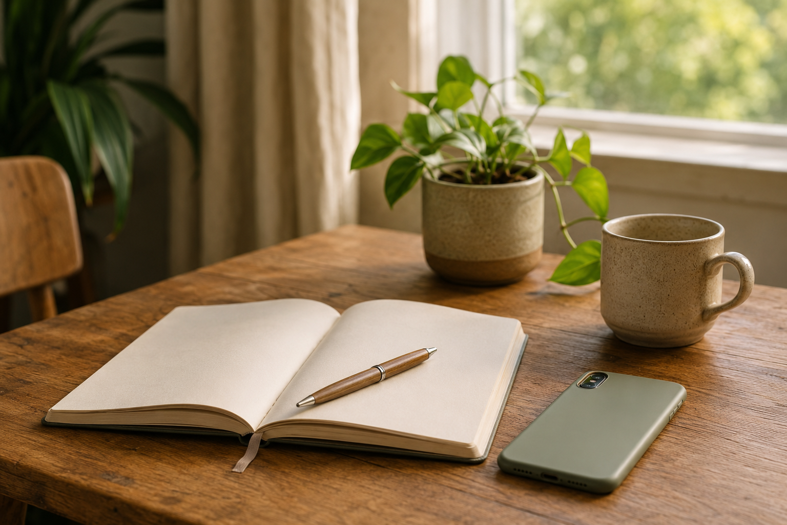 Caderno aberto, xícara, planta e celular sobre a mesa em uma rotina tranquila