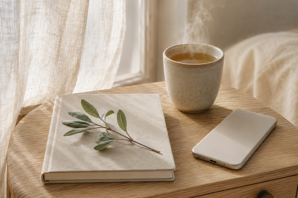 Celular ao lado de chá e caderno durante uma pausa consciente sem notificações