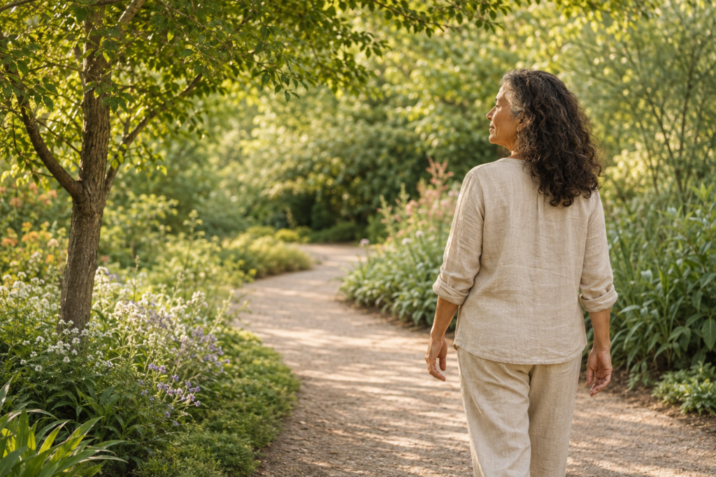 Mulher caminhando em silêncio por um jardim iluminado pela manhã