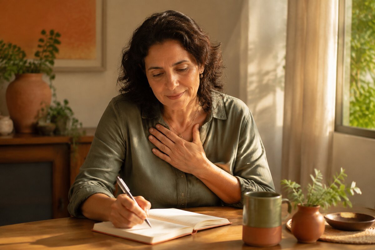 Mulher escrevendo no caderno com gesto de autocompaixão