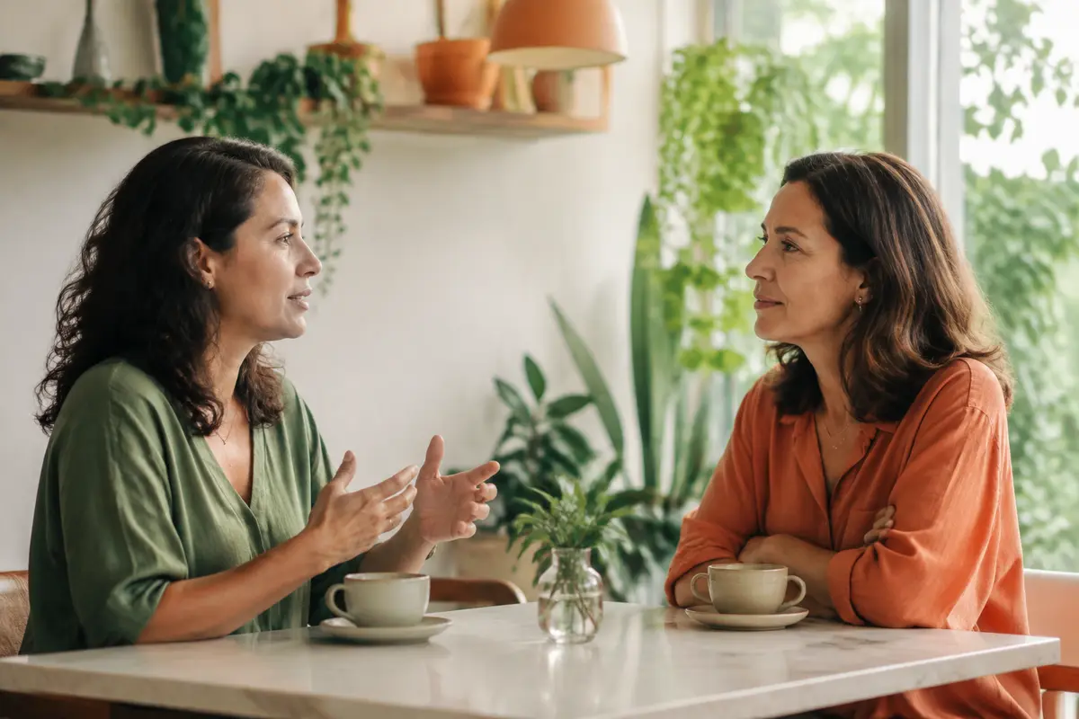 Duas mulheres conversam com calma sobre limites e necessidades