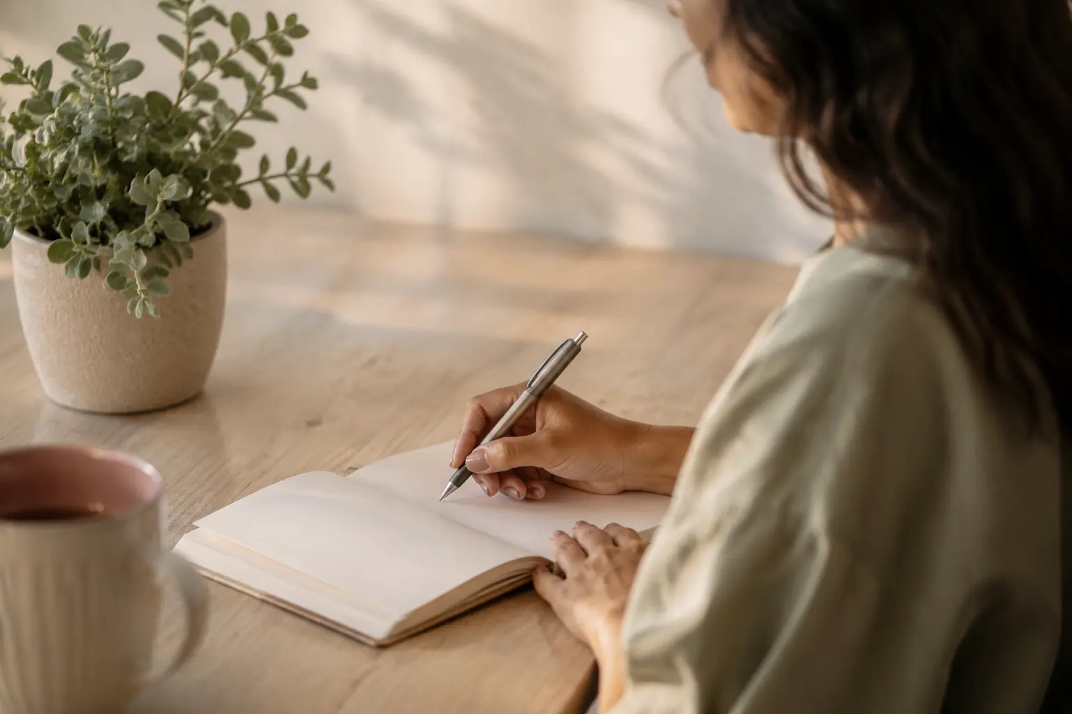 Exercício para fortalecer a confiança Mulher escrevendo em um caderno durante um exercício para fortalecer a confiança pessoal.