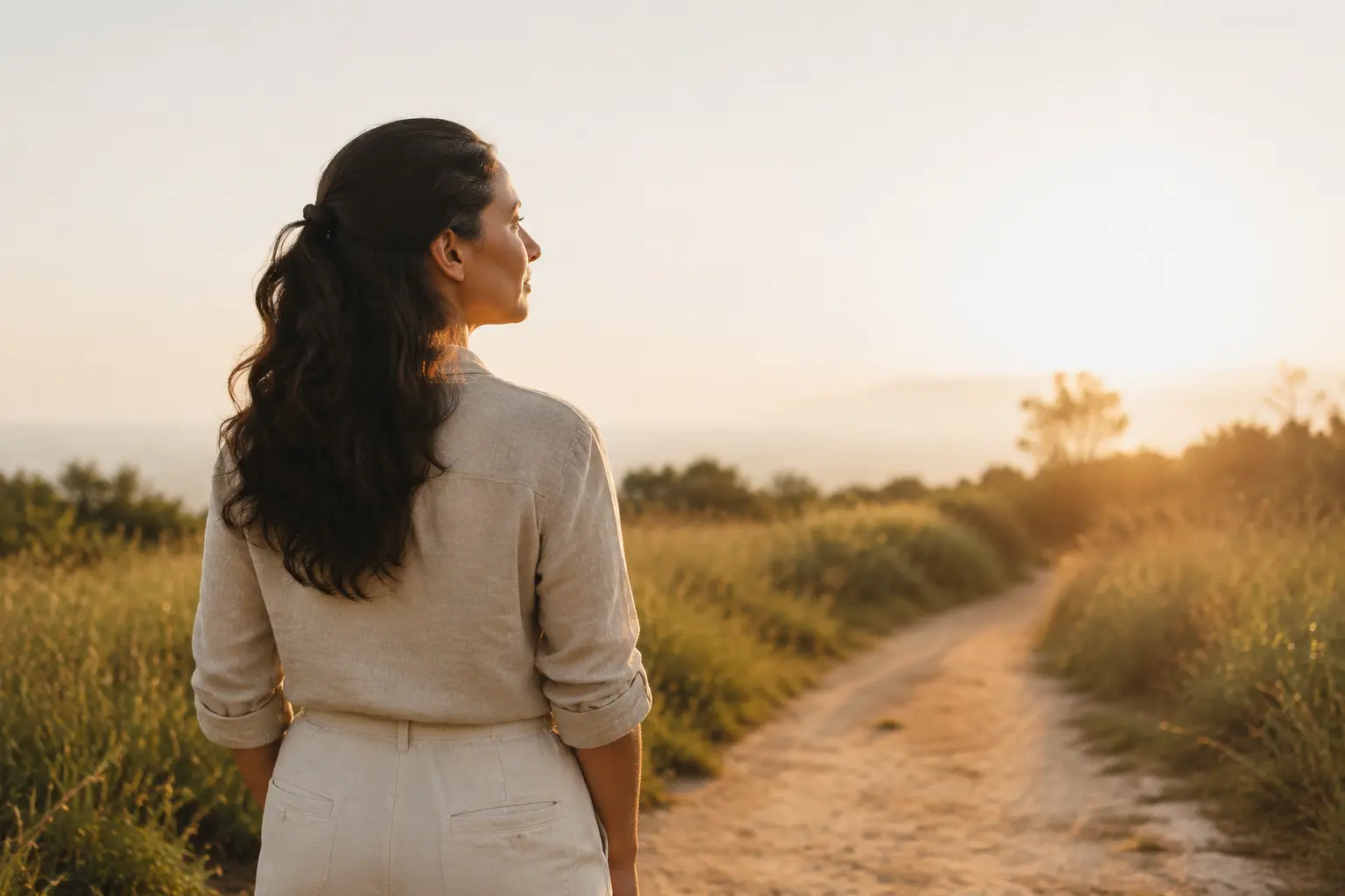 Mulher observando um caminho ao amanhecer, simbolizando como ter confiança em si mesma e seguir sem todas as respostas.