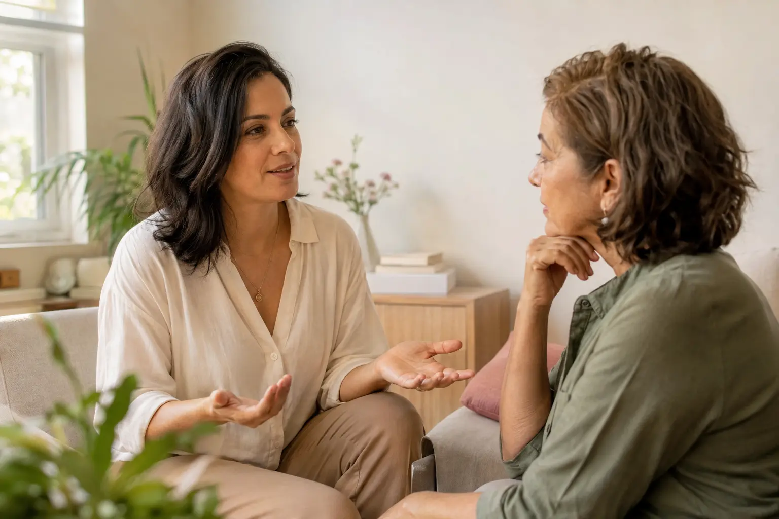 Confiança para expressar limites Duas mulheres conversando com respeito, simbolizando confiança para expressar limites pessoais.