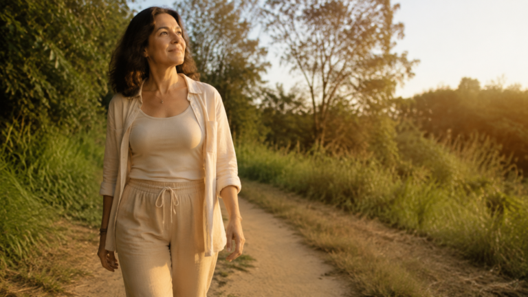 Mulher caminhando ao ar livre com serenidade, representando autenticidade e liberdade interior
