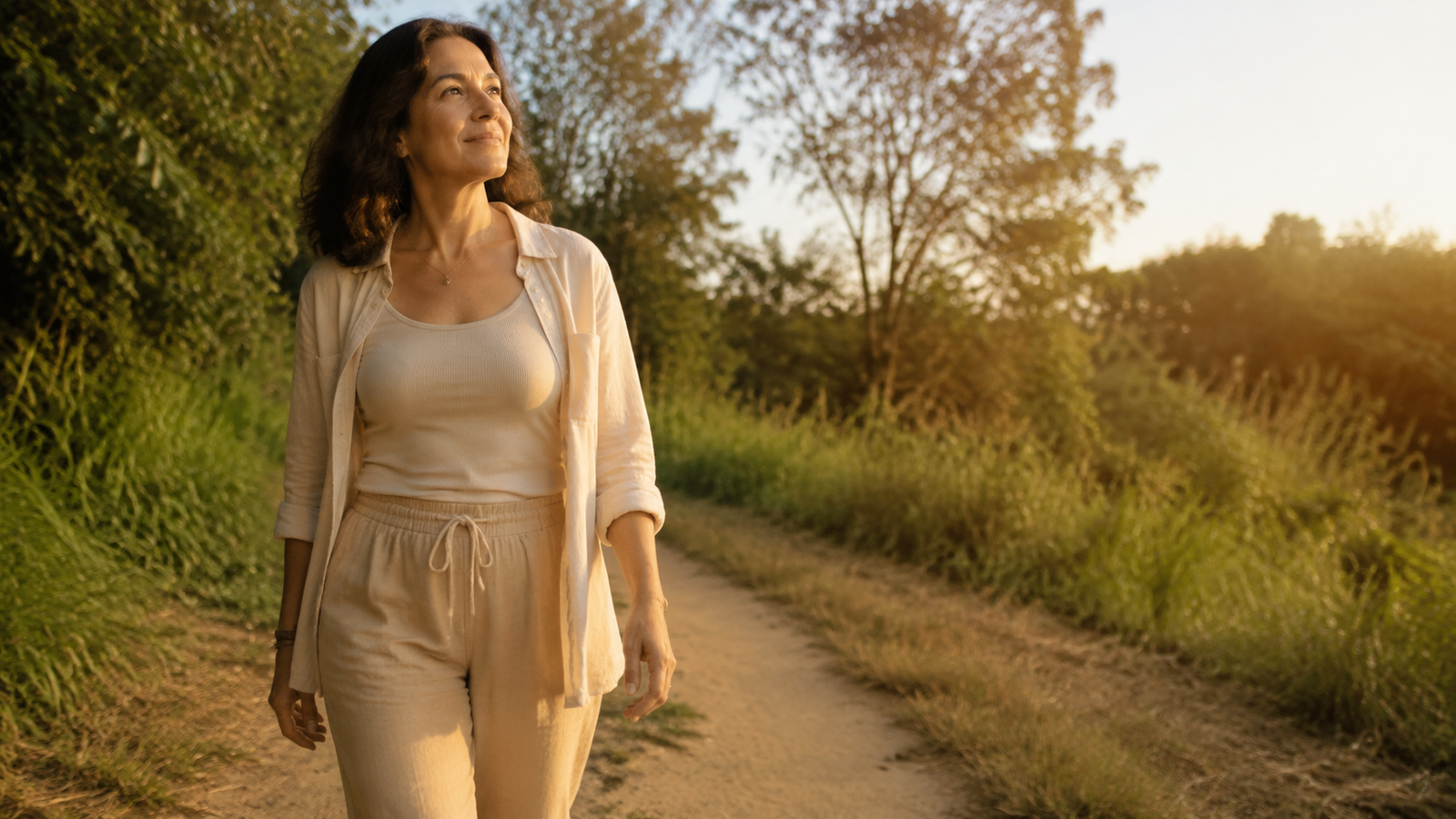 Mulher caminhando ao ar livre com serenidade, representando autenticidade e liberdade interior