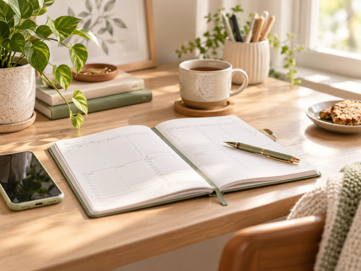 Agenda aberta sobre uma mesa organizada com caneca, celular e itens de planejamento semanal.
