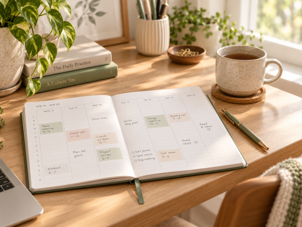 Planejamento semanal em agenda com compromissos e tarefas organizados.