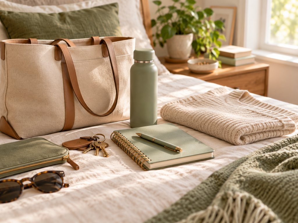 Bolsa, caderno, garrafa, chaves e roupa organizados para preparar a rotina da semana.