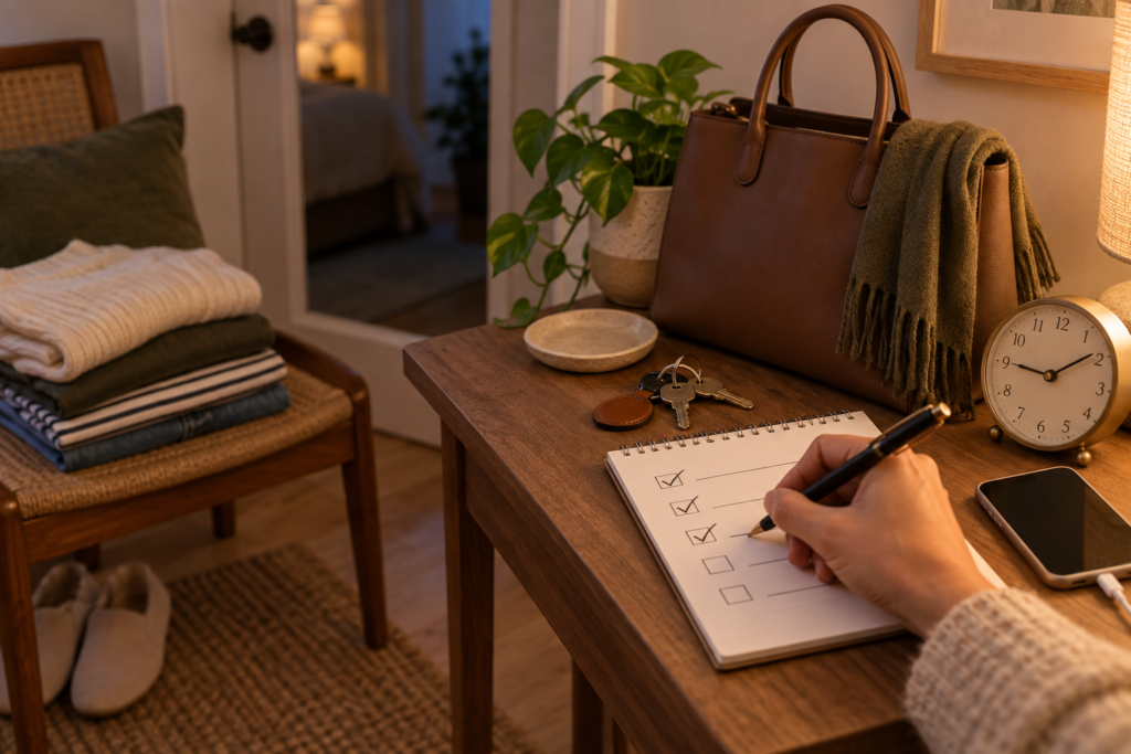 O que deixar pronto à noite: checklist com bolsa, chaves, roupas e celular organizados