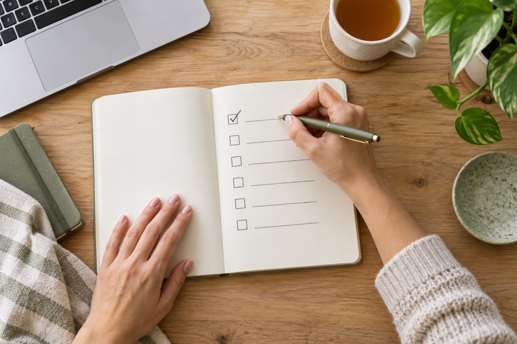 Checklist com seis blocos pequenos para dividir uma tarefa grande