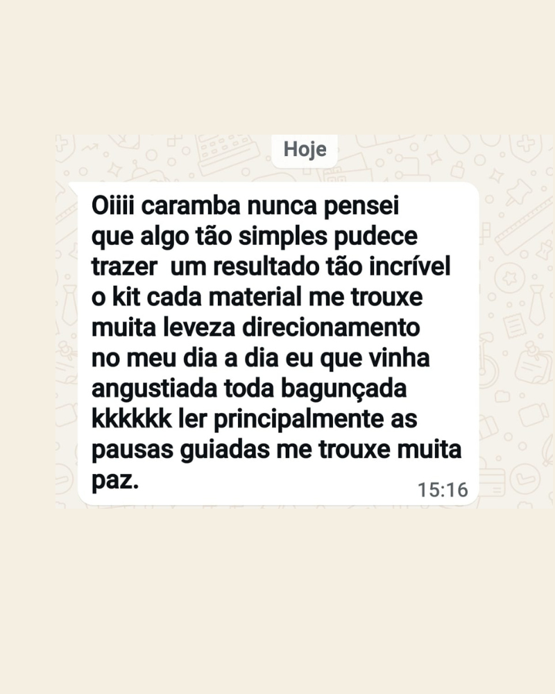Relato real de Milena sobre o Kit Conekta e as pausas guiadas, recebido pelo WhatsApp.